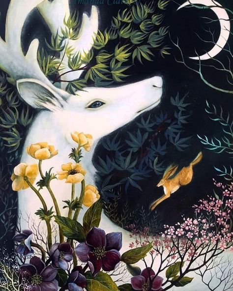 Mostly, but not limited to, nature-themed art and illustration. Header image by Jahna Vashti. Amanda Clark, Painting Moon, Fairy Tale Illustration, Galleria D'arte, Clark Art, Deer Art, A Deer, Moon Glow, Arte Fantasy