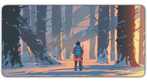 A man peacefully hiking in a snowy forest. "It's the simple things in life. " Snowy Forest Reference, Snowy Forest Concept Art, Snowy Forest Drawing, Snowy Character Design, Snowy Forest Art, Snowy Forest Painting, Simple Art Style, Snowy Environment, Drawing Forest