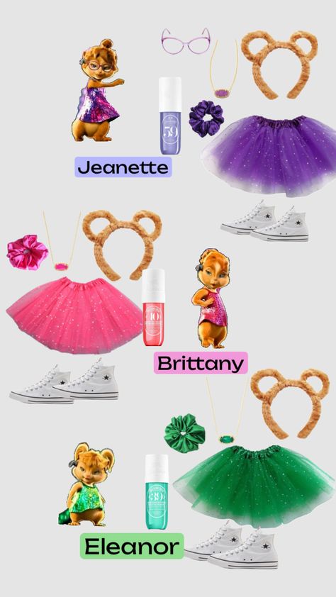 #outfitinspo #chipmunks #chippets #purple #pink #green #halloweenaesthetic #halloweencostume #girls Halloween Costume Chippets, Chippets Halloween Costume Ideas, Brittany From Alvin And The Chipmunks Costume, Chippets Trio, The Girl Chipmunks Costumes, 3 Chipmunks Costume, Diy Chipettes Costumes, Chipettes Costume Ideas, Pink Tutu Costume Ideas