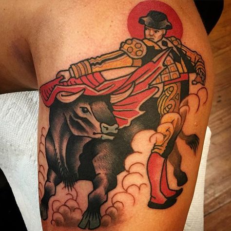 Tattoo uploaded by Robert Davies • Matador tattoo by Ian Bederman #matador #bullfighter #traditional #IanBederman • 14633 • Tattoodo Matador Tattoo, Dragon Tiger Tattoo, Jordan Tattoo, Fighter Tattoo, Traditional Tattoo Drawings, Fun Tattoo, Bull Tattoos, Explore Tattoo, American Tattoos