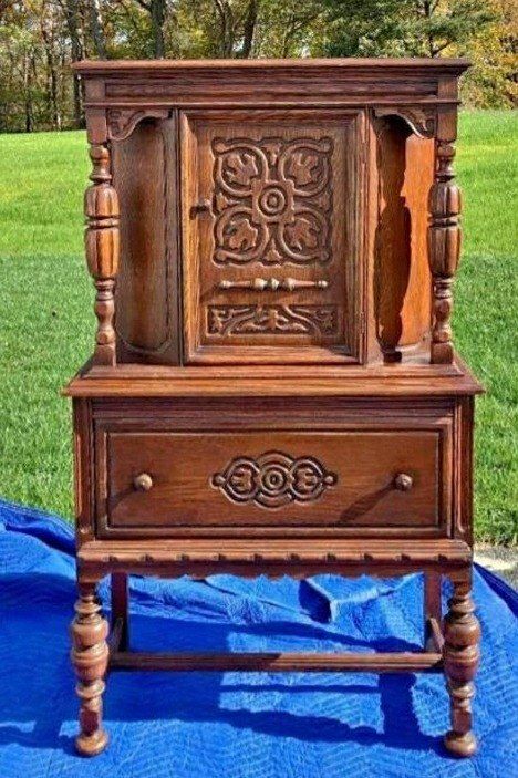 Painted Jacobean Furniture, Jacobean Furniture Makeover, Jacobean Cabinet, Antique Cabinet Makeover, Jacobean Furniture, Buffet Cabinets, Ikea Toy Storage, Ikea Toys, Cabinet Transformations