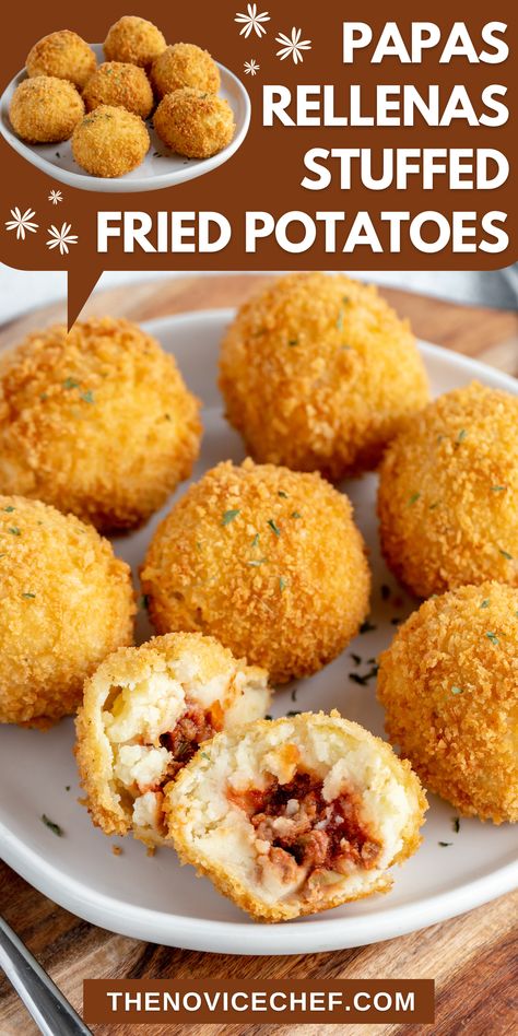 Papas Rellenas Recipe, Stuffed Mashed Potato Balls, Fried Potato Balls, Fried Mashed Potato Balls, Stuffed Mashed Potatoes, Fried Mashed Potatoes, Potato Balls Recipe, Beef Picadillo, Mashed Potato Balls