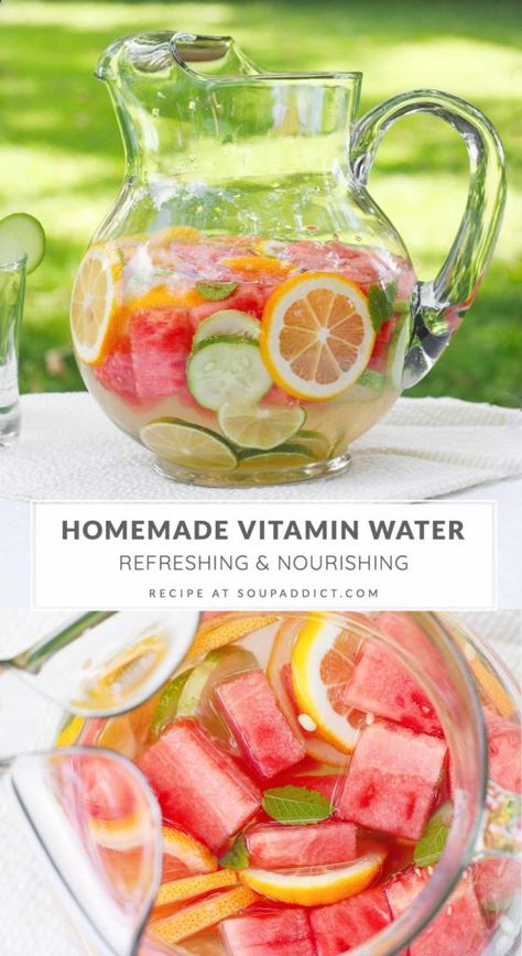 So refreshing, homemade vitamin water is healthy and hydrating — no more boring bottled water! Icy-cold fruit infused water is perfect for hot summer days, or post workout recovery, and is a beautiful option for your summer parties. Recipe at SoupAddict.com Infusing Water, Herb Infused Water, Fruit Infused Water Recipes, Water Fruit, Sommer Mad, Flavored Water Recipes, Resep Smoothie, Infused Water Recipes, Fruit Infused Water