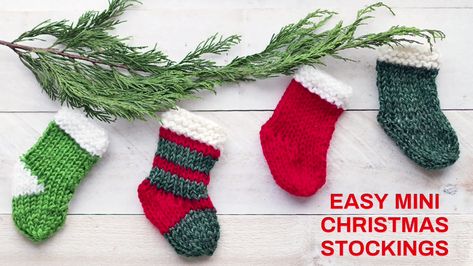 How to Knit Easy Mini Christmas Stockings- knit flat and ideal for beginners. Step by step video tutorial and free pattern! Christmas Tree Knitting Pattern, Easy Christmas Stockings, Swirl Hat, Christmas Knitting Patterns Free, Mini Christmas Stockings, Mini Stockings, Knit Stockings, Stocking Pattern, Christmas Knitting Patterns