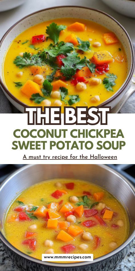 This Coconut Chickpea & Sweet Potato Soup is rich in flavor and packed with nutrients! The combination of sweet potatoes, chickpeas, and creamy coconut milk creates a luscious, satisfying dish that’s perfect for vegan or plant-based diets. Simple to make and so delicious, it’s ideal for chilly evenings. Save this wholesome recipe for a cozy dinner! #VeganComfortFood #SweetPotatoSoup #CoconutChickpeaSoup #PlantBasedCooking Chickpea And Potato Soup, Vegan Coconut Soup, Sweet Potato Soup With Coconut Milk, Vegan Sweet Potato Soup Recipes, Coconut Miso Chickpea Soup, Potato Soup Vegan, Chickpea Sweet Potato, Coconut Chickpea, Sweet Potato Soup Vegan