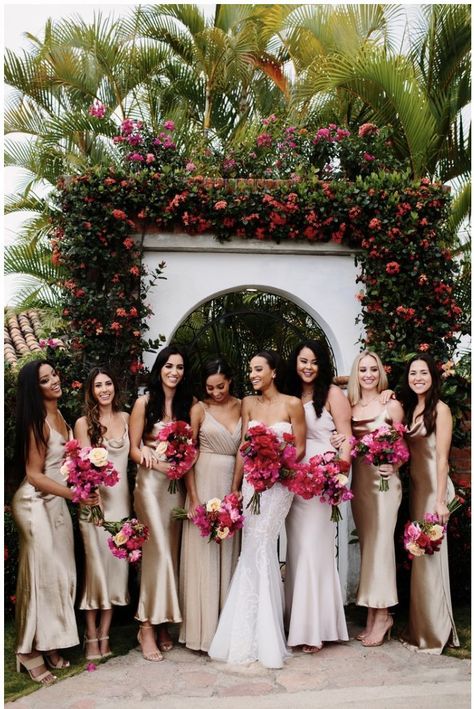 Aug 16, 2019 - This Pin was discovered by Erika Gudmundson. Discover (and save!) your own Pins on Pinterest Fuschia Flowers Wedding, Fuschia Bridesmaid Dresses Color Schemes, Champagne And Pink Wedding Theme, Bridal Party Colour Scheme, Mexico Wedding Bridesmaids Dresses, Pink And Red Bridesmaid Dresses, Wedding Pop Of Color, Colorful Bridesmaid Bouquet, Fuscia Wedding