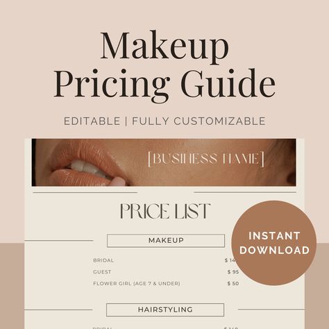 makeup artist, princing guide, bridal makeup, professional makeup artist, wedding makeup specialist, beauty studio owner, price list, editable wedding price list, price template, small business printable, customizable price template, hair price sheet, hair styling price guide Wedding Price List, Artist Wedding, Makeup Professional, Business Printables, Pricing Guides, Pricing Guide, Wedding Prices, Beauty Studio, Professional Makeup Artist