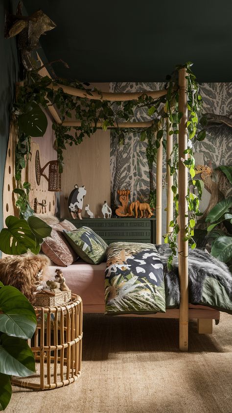 21 Boy Bedroom Ideas: Styles, Furniture, Decor, and Makeover Tips for All Ages Earthy Kids Bedroom, Jungle Theme Bedroom Boys, Jungle Theme Room For Boys, Bedroom Ideas Jungle, Jungle Theme Kids Bedroom, Zoo Bedroom, Jungle Bedroom Ideas, Safari Interior Design, Kids Safari Bedroom