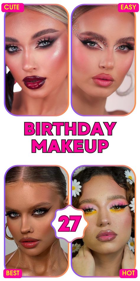 Get inspired for your 24th birthday with a birthday makeup look that combines pink and black for a dramatic yet playful vibe. Add a hint of glitter and opt for a bold lip to match a festive mood. This look is perfect for a night out celebrating with friends, ensuring you feel as fabulous as the occasion 40th Birthday Makeup Looks, Baddie Birthday Makeup, Purple And Blue Eyeshadow, Red And Gold Makeup, Birthday Makeup Ideas, Intense Eye Makeup, Baddie Birthday, Birthday Makeup Looks, Pink Lip Color