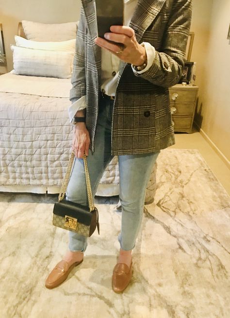 HIGH/LOW COMBO: Sam Edelman mules .. H&M jeans and shirt .. F21 blazer .. Gucci handbag .. Hermes belt Sam Edelman Mules, H&m Jeans, Hermes Belt, Gucci Handbags, Sam Edelman, Preppy Style, High & Low, Gucci, Blazer