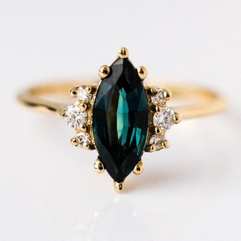 18K Yellow Gold Teal Marquise Sapphire Ring with Diamonds Wedding Rings Marquise, Art Deco Jewelry Rings, Marquise Sapphire, Engagement Ring Marquise, Timeless Engagement Ring, Local Eclectic, Emerald Wedding Rings, Engagement Ring Inspiration, Ring Marquise