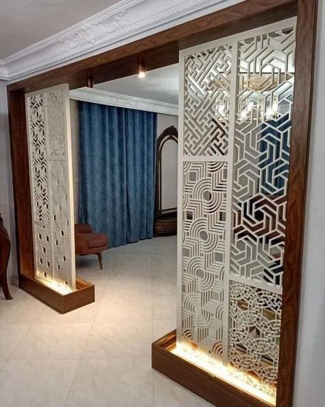 Cnc Partion Design, Cnc Partition, Wooden Panel Wall, Wooden Partition Design, Wall Design Home, Latest Cupboard Designs, Wooden Panel Design, Single Main Door Designs, Wall Decorating Ideas