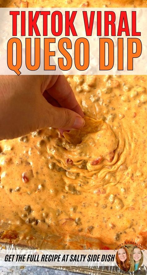 Queso Dip Tiktok, Queso Dip Recipe With Meat, Taco Dip With Velveeta Cheese, Tiktok Cheese Dip, Easy Caso Dip Recipe, Cheese Dip In Oven, Queso Dip With Meat Crockpot, Queso Recipe With Velveeta, Queso Dip Crockpot Velveeta Cream Cheese