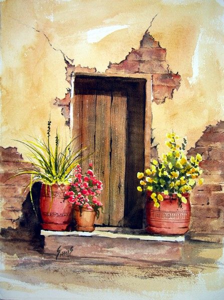 Watercolor Architecture, 수채화 그림, Watercolor Inspiration, Mail Art, Art Watercolor, Watercolor Landscape, Brick Wall, Painting Inspiration, Potted Plants