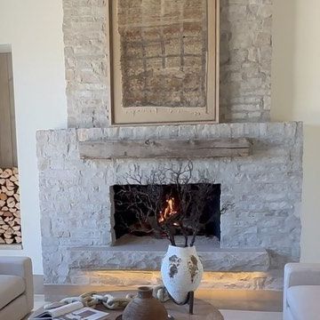 Nate & Joelle - Utah Real Estate Agents on Instagram: "Neutral vibes + huge windows = perfection. Follow @daymaker.re for all things house + Utah Living. Home builder: @chatwinhomes Designer: @thelifestylecollectivedesign Featured in: @pcshowcaseofhomes Video: @daymaker.re" Extra Wide Fireplace, Stone Fireplace Bedroom, No Hearth Fireplace, Modern European Fireplace, European Fireplace Ideas, Amber Interiors Fireplace, Overgrouted Stone Fireplace, Natural Brick Fireplace, Neutral Fireplace