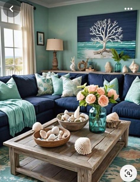 Coastal Decorating On A Budget🌴⚓️🌺 | Hey! Chic Coastal Decor, House Decor Inspiration, Blue Sectional, Coastal Farmhouse Decor, Beach House Living Room, Modern Coastal Decor, Beach House Interior Design, Soft Coral, Beach House Interior