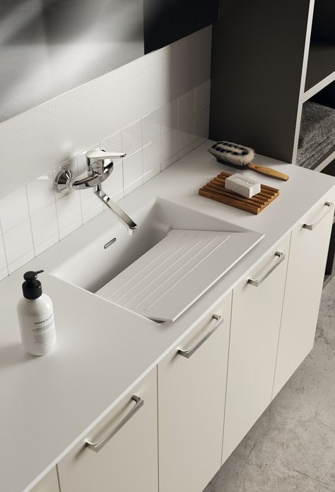 Sink With Washboard, Small Laundry Space, Smart Apartment, Laundry Space, Laundry Design, Modern Laundry Rooms, Laundry Room Inspiration, Laundry Room Remodel, Laundry Room Cabinets