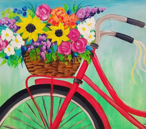 Bike with Flower Basket Acrylic Painting Tutorial by Angela Anderson on YouTube #bike #redbycicle #acryliconcanvas Bicycle With Flowers, Cycle Painting, Angela Anderson, Painting Videos Tutorials, Bicycle Art, Spring Painting, Acrylic Painting Tutorials, Simple Acrylic Paintings, Beginner Painting