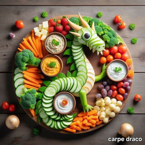 Dragon Themed Fruit Tray, Dragon Veggie Tray, Dragon Charcuterie Board, Dinosaur Veggie Tray, Pretty Salads, Unique Charcuterie Board Ideas, Funny Pictures Of Animals, Animals In Clothes, Here There Be Dragons