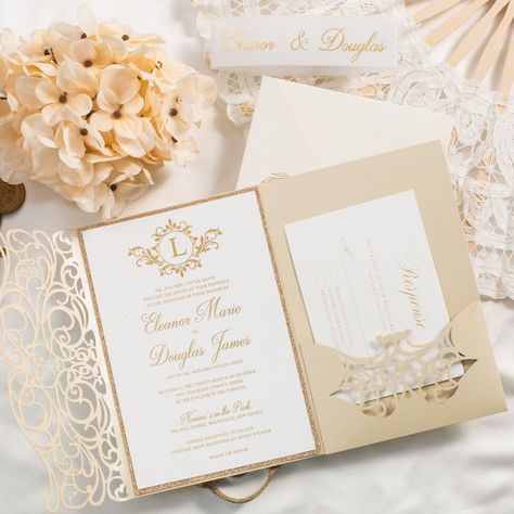 Card TypeDimensionCardstockPrinting MethodLaser Cut Wrap5.00 x 7.28 in (w x h)No.336 Glittering Black/Outer envelope5.24 x 7.48 in(w x h)No.168 Cream Shimmer/Printed invitation4.33x 6.69 in (w x h)No.339 WhiteFoil PrintingPaper Backer For Invitation4.72 x 7.09 in (w x h)No.G203 Glitter Rose Gold/Belly Band13.39 x 1.38 in (w x h)No.358 White Matte Vellum PaperFoil PrintingEnvelope for RSVP Card5.12 x 3.82 in (w x h)No.010 Ivory Shimmer/RSVP Card3.50 x 4.88 in (w x h)No.339 WhiteDigital printing Inexpensive Wedding Invitations, Monogram Wedding Invitations, Laser Cut Invitation, Gold Foil Wedding, Cream Wedding, Laser Cut Wedding Invitations, Laser Cut Wedding, Reception Card, Gold Wedding Invitations