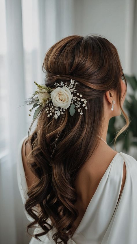 Discover elegant wedding hairstyles for both long and short hair including updos veils simple down styles classy low buns half-up half-down looks and more Perfect hairstyles for your special day Wedding Down Hairstyles Medium, Wedding Hairstyles Half Up Half Down Dark Hair, Wedding Hair Partially Up, Classy Half Up Half Down Hair, Classy Wedding Hair, Hair Style Bride, Wedding Hairstyles Medium Hair, Simple Wedding Hair, Elegant Wedding Hairstyles