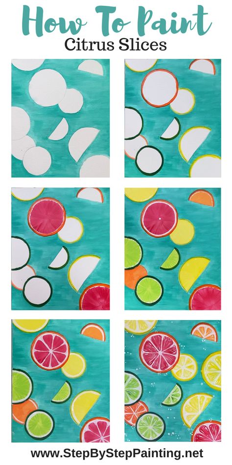 How To Paint Citrus Slices - Step By Step Painting Citrus painting beginner acrylic tutorial Summer Paint Night Ideas, Sip And Paint Ideas For Beginners Step By Step, Step By Step Painting For Kids, Summer Art Paintings, How To Paint Step By Step, Easy Sip And Paint Ideas Step By Step, Step By Step Painting For Beginners, Paint Night Ideas Step By Step, Summer Canvas Painting Ideas