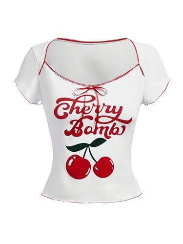 Cherry Bomb Outfits Casual, Red Heart Outfit, Fruit Clothing, Kawaii Valentine, Fashion Bella, Super Outfit, Color Block Tee, Pretty Shirts, Fabric Letters