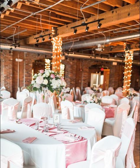 Pink and White Reception with Chair Covers, table runners, and white and pink roses Blush Pink Table Cloth, White Table Cloth With Pink Runner, Wedding Pink Tablecloth, Pink Chiffon Table Runner, Pink Chair Covers Wedding, White Table Cover, White Chair Covers, White Reception, Pink Runner