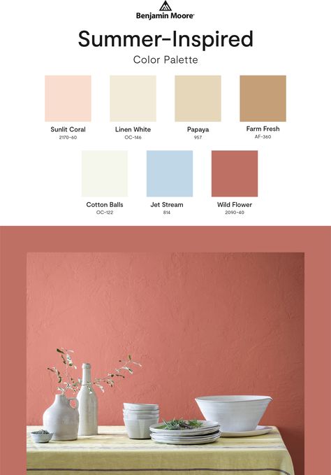 Slow down and embrace summer with a “shore-to-please" selection of seasonal paint colors from Benjamin Moore. Peach Paint Colors, Bright Paint Colors, Coral Colour Palette, Peach Paint, Most Popular Paint Colors, Monochromatic Room, Soft Summer Color Palette, Soft Summer Colors, Popular Paint Colors