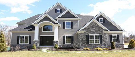 Grey Stone House Exterior, Grey Siding House, Grey Stone House, Stone House Exterior, Grey Brick Houses, Siding House, Brick House Plans, Grey Siding, Stone Exterior Houses