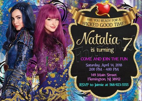 Disney Descendants 2 Invitation Disney Descendants Invitation Disney Descendants 2 Birthday Disney D Descendants Party Ideas Birthdays, Disney Descendants Party, Descendants Party, Mal And Evie, Descendants 2, Disney Descendants, 6th Birthday Parties, Printing Shop, 3rd Birthday Parties