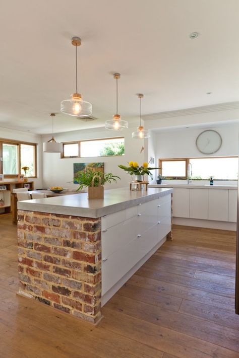 red brick kitchen island                                                                                                                                                                                 More Brick Kitchen Island, Red Brick Kitchen, Rustic Renovations, White Kitchen Accessories, Modern Kitchen Renovation, Brick Kitchen, Mansions Homes, Trendy Kitchen, Large Kitchen