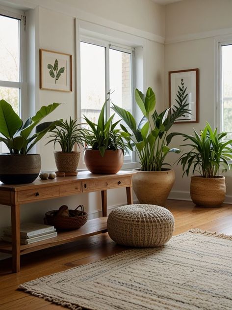 A cozy room corner with various green plants in stylish ceramic and woven baskets, arranged on a light wooden floor with a textured cream rug. Zen Meditation Space, Plant Decor Ideas, Bring Nature Indoors, Zen Meditation, Woven Baskets, Next Home, Nature Indoors, Cozy Home, Lush Green