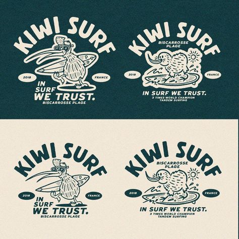 Logo options made for Kiwi Surf that unfortunately went unapproved. Sometimes you love what you make for a client, but they don't. Rarely… | Don Leon, Graphic Designer | Illustrator (@dedonleon) on Instagram Surf Shop Branding, Surf Graphic Tee, Surf Shirts Graphic Tees, Retro T Shirt Designs, Surf Merch, Surf Design Graphic, Surf Logo Design, Surf Graphic Design, Surf Branding