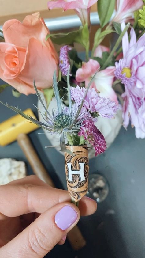 Western Boutonniere, Leather Boutonniere, Western Boutineer Ideas, Leather Wedding Decor, Leather Flower Bouquet Wrap, Tooled Leather Wedding, Leather Bouquet Holder, Tooled Bouquet Wrap, Leather Wedding Bouquet Wrap