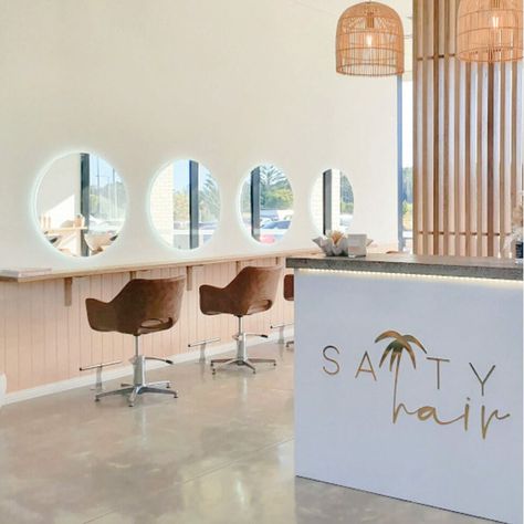 Hair Salon Concrete Floor, California Salon Aesthetic, Long Salon Design, Salon Concrete Floor, Salon With Concrete Floor, Open Concept Salon Ideas, Open Floor Plan Hair Salon, Concrete Salon Floor, Corner Retail Display