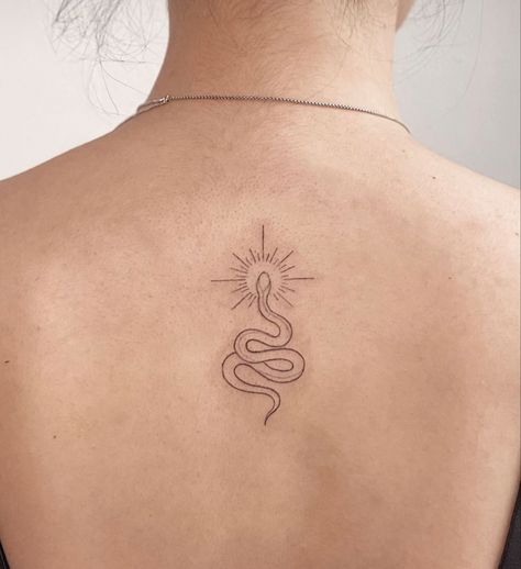 Snake Fine Line Tattoo, Snake And Sun Tattoo, Kundalini Snake Tattoo, Minimalist Tattoo Arm, Minimalist Snake Tattoo Simple, Tattoo Ideas Female Snake, Minimal Snake Tattoo, Minimalistic Medusa Tattoo, Unique Dainty Tattoos