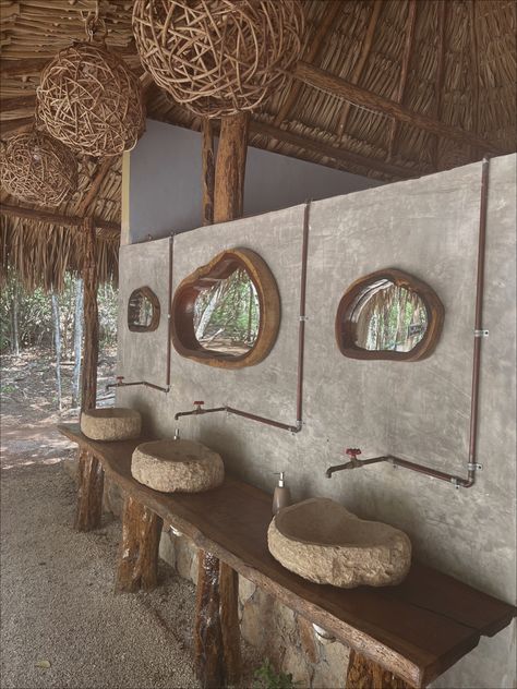 Tulum Interior Design Bathroom, Small Hotel Ideas, Outside Restroom Ideas, Outdoor Restroom Ideas, Rustic Hotel, Resort Bathroom, Beach Restaurant Design, Outdoor Restaurant Design, Outdoor Bathroom Design