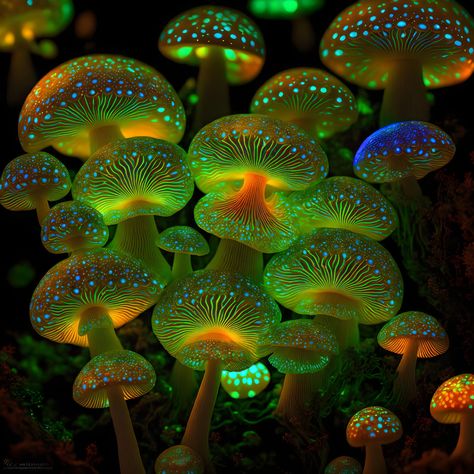 Bioluminescence Mushroom, Luminescent Mushroom, Fluorescent Mushroom, Bioluminescent Fungi, Bioluminescence Aesthetic, Digital Art Neon, Glow In The Dark Mushrooms, Colourful Mushrooms, Bioluminescent Mushrooms