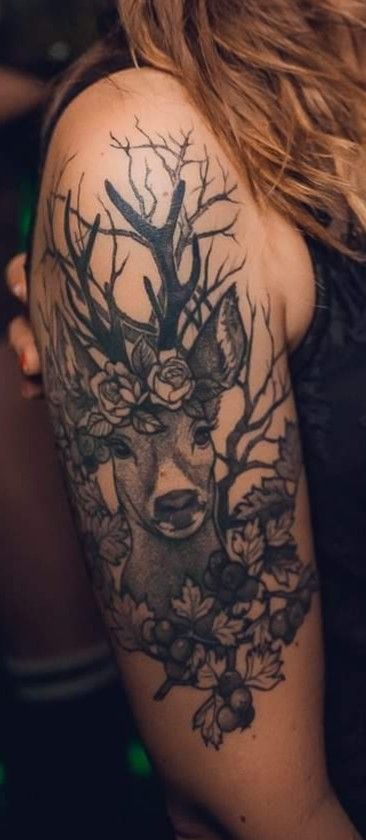 Stag Tattoos For Women, Buck Tattoo With Flowers, Doe And Fawn Tattoo, Deer Tattoos For Women, Buck Tattoo, Dad Daughter Tattoo, Fawn Tattoo, Stag Tattoo, Hunting Tattoos