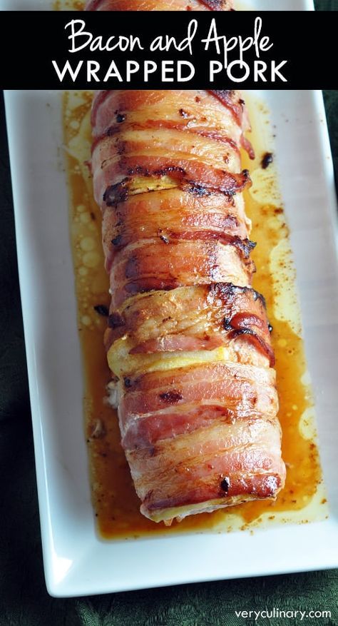 Apple Bacon Pork Tenderloin, Christmas Meal Ideas Main Dishes, Pork Tenderloin Apple Recipes, Pork Fillet Recipes Tenderloin, Pork Fillet Recipes, Wrapped Pork Tenderloin, Bacon Wrapped Pork Tenderloin, Sliced Apple, Bacon Wrapped Pork