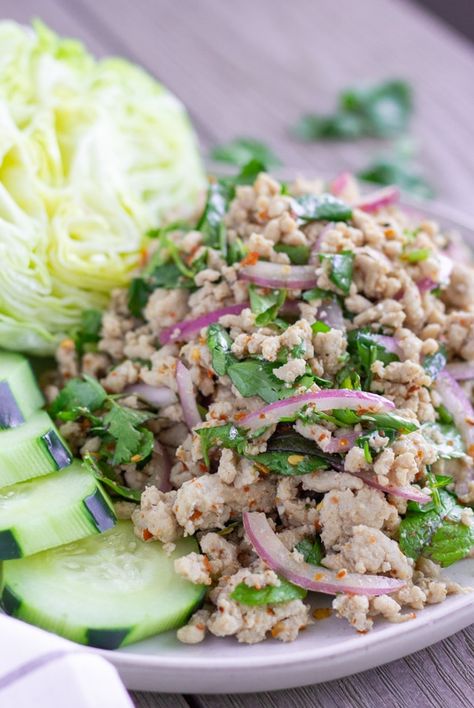 Ground Chicken Salad, Thai Ground Chicken, Laab Recipe, Lao Recipes, Larb Gai, Larb Recipe, Asian Salads, Thai Flavors, Thai Salad Recipes