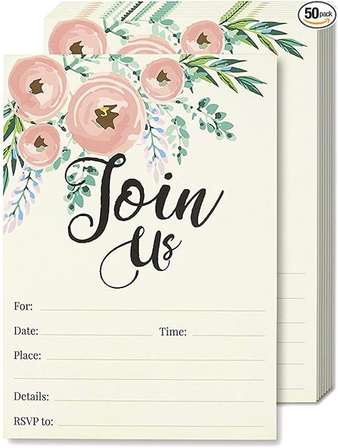 Amazon.com: Watercolor Join Us Invitation Cards - 50 Fill-in Floral Classy Invites with Envelopes for Kids Birthday, Bridal Shower, Wedding, 5 x 7 Inches, Postcard Style: Health & Personal Care Join Us Invitation, Engagement Dinner, Valentines Day Dinner, Invitation Floral, Cards With Envelopes, Party Venues, Invitation Card Design, Pink Watercolor, Floral Cards