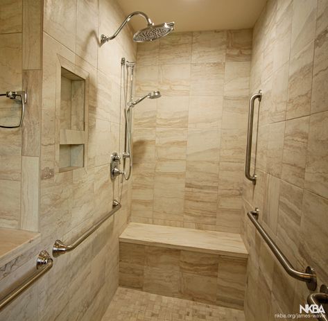 Walk In Shower With Bench, Shower With Bench, Walk In Showers, Accessible Bathroom, Marble Bath, Barrier Free, Shower Bench, Bathroom Remodel Shower, Floor Drains