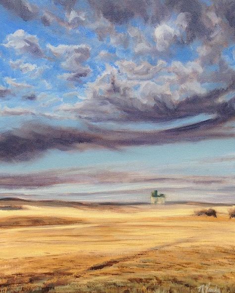 #sky #clouds #prairie #field #landscape #reddeer #centralalberta #alberta #canada #oilpainting #oiloncanvas #painting #oilpaint #paint… Prairie Landscape Paintings, Prairie Painting, Skies Painting, Nature Mural, Spring Movie, Autumn Abstract, Grass Painting, Stormy Skies, Field Landscape