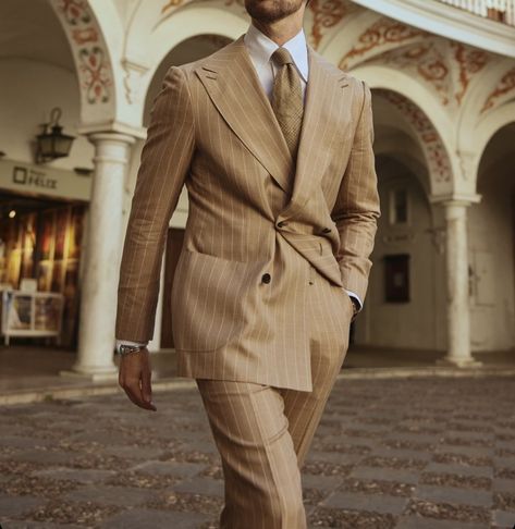 Beige pinstripe db suit Cream Suits For Men, Brown Suit Wedding, Pin Stripe Suit, Stripe Suit, Suit Styles, Cream Suit, Brown Suit, Beige Suits, Brown Suits