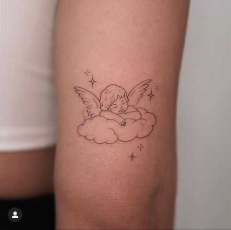 Line Art Tattoos Hands, Fineline Cherub Tattoo, Angel Tatoos Minimalist, Sweet Angel Tattoo, Earthy Feminine Tattoos, Angel And Stars Tattoo, Angel Tatoos Aesthetic, Fine Line Cherub Tattoo, Angel Line Tattoo