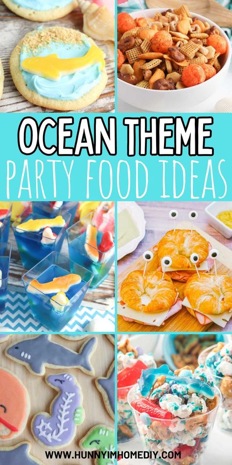 Put together an amazing under the sea birthday with these recipe ideas for cute ocean themed party food for kids. Sealife Party Food, Swimming Party Food Ideas, Fish Theme Snacks, Pool Themed Food, Water Party Food Ideas, Water Theme Snacks, Healthy Ocean Themed Snacks, Seafood Themed Party Food Ideas, Summer Party Snacks For Kids