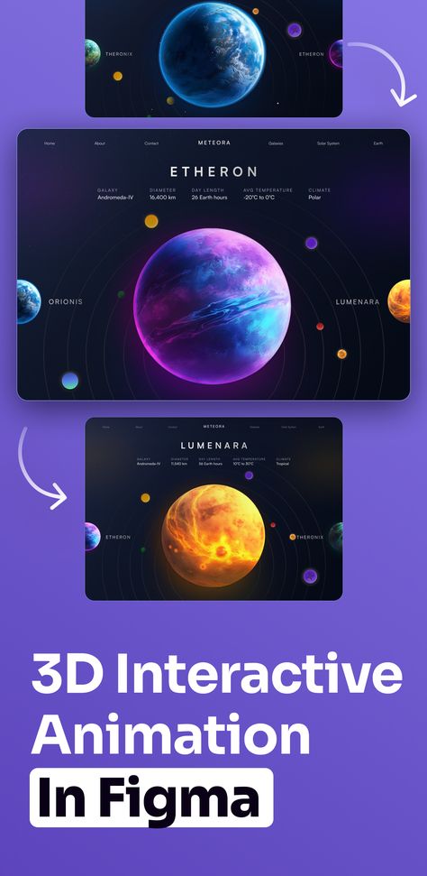 Learn how to create an amazing 3D interactive planet animation with a rotating effect in Figma. No plugins, just simple techniques! Animated Website Inspiration, 3d Interactive Web Design, Planet Design Ideas, Figma Prototype Animation, Interactive Map Design, Figma Interaction, Figma Animation Tutorial, Figma Hacks, 3d Ui Design