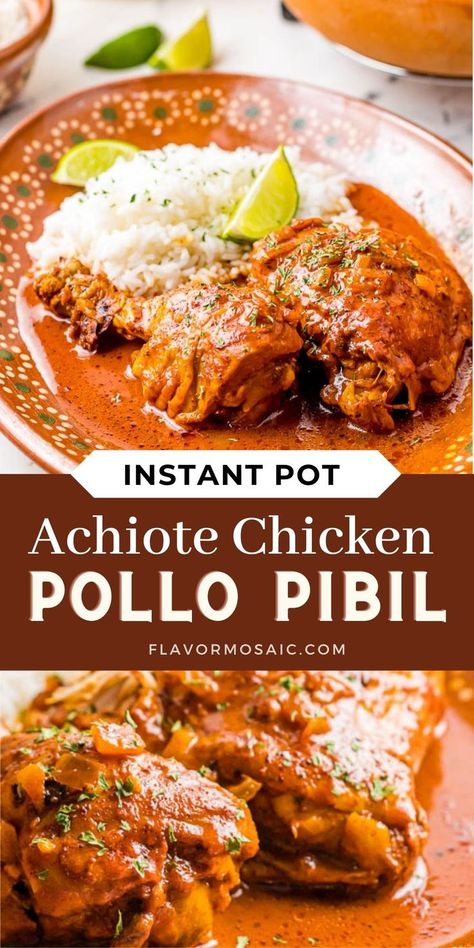 Bring the Yucatan to your table with Instant Pot Achiote Chicken, also known as Pollo Pibil, a saucy, savory, succulent chicken dish with a slightly sweet and peppery sauce. While Achiote Chicken, or Pollo en Achiote in Spanish, is often slow cooked for hours, we are instead making it in the Instant Pot to transform it from a slow cooked meal to a quick and easy dinner! Achiote Chicken, October Meals, Chicken Pollo, Rabbit Recipes, Man Recipes, Fast Meals, Pollo Guisado, Leftover Turkey Recipes, Chicken Marinade